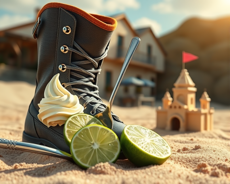 boot, ice cream, spoon, sandcastle, lime